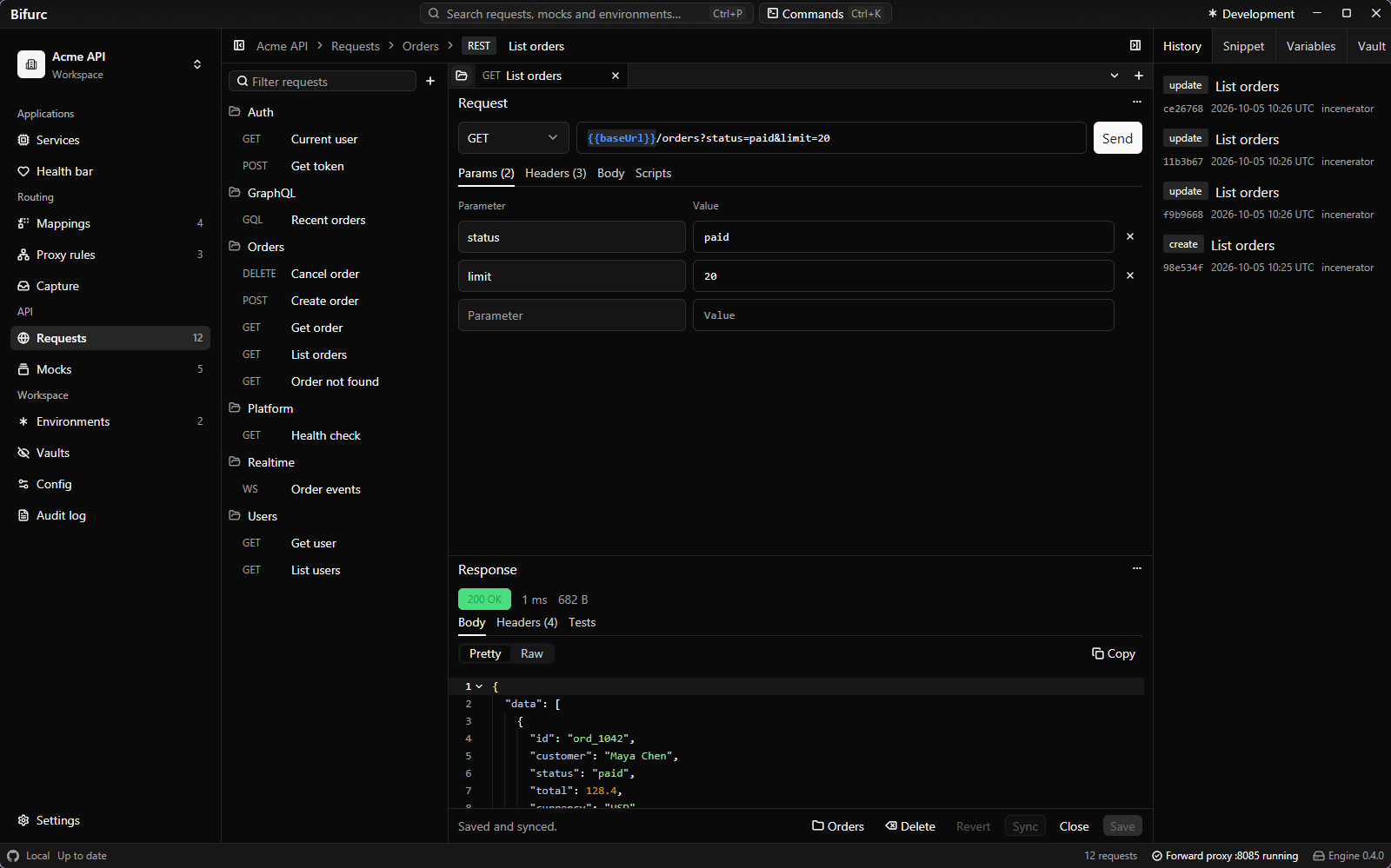 Bifurc request editor showing a REST request and its JSON response